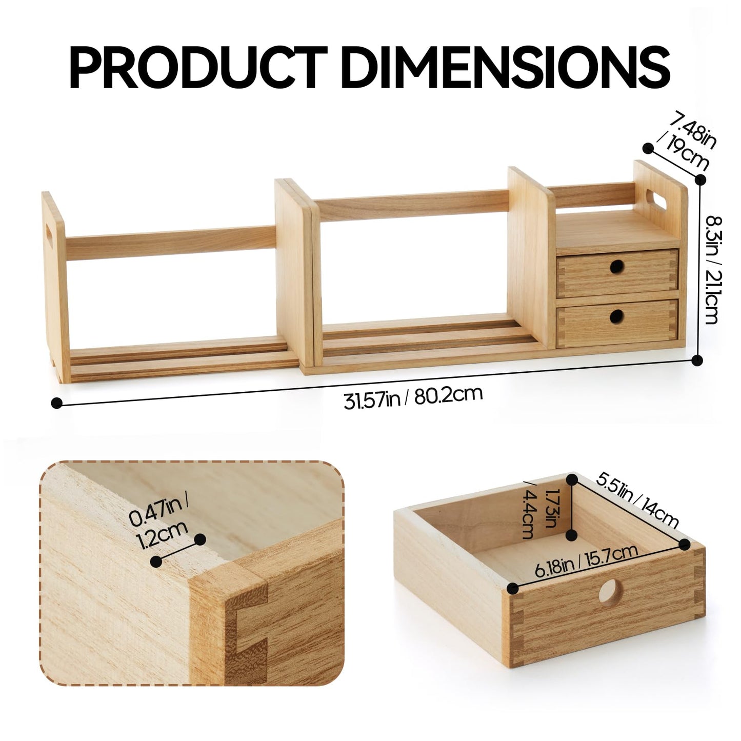 KIRIGEN Desktop Wooden Bookshelf, Expandable Book Organiser with 2 Drawers Desktop Bookcase Multifunction Storage Organizer Book Display Rack Home