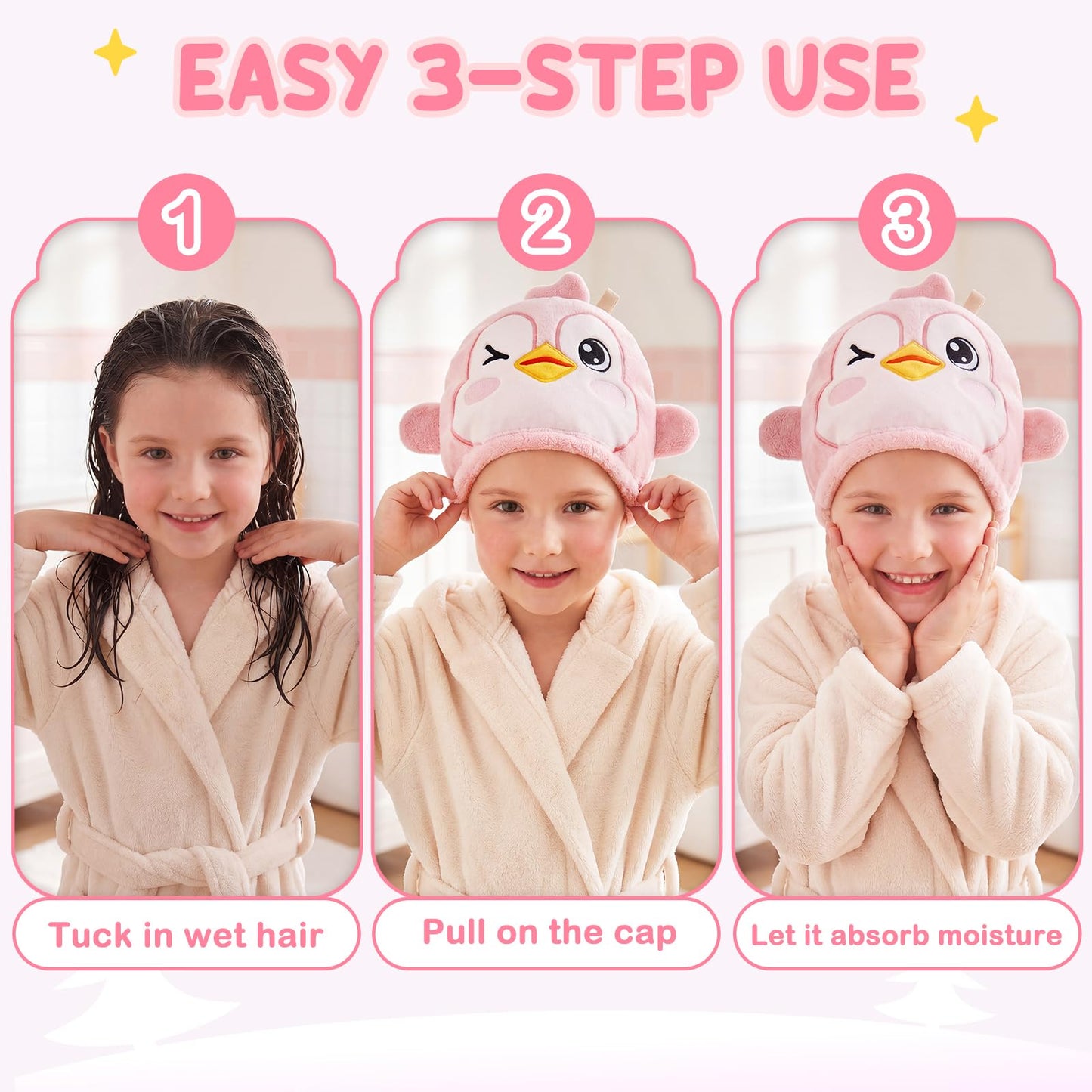 WAWSAM Kids Hair Towel Wrap Penguin, Microfibre Hair Turban Towel for Girls Boys, Fast Drying Hair Wrap with Button