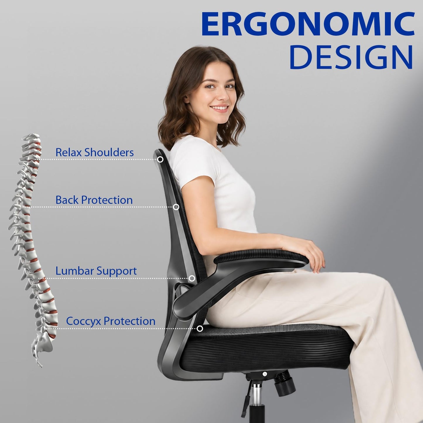 Durrafy Ergonomic Office Chair, Mesh Desk Chair with Adjustable Lumbar Support & Flip-Up Arms, Height Adjustable Swivel for Home Office