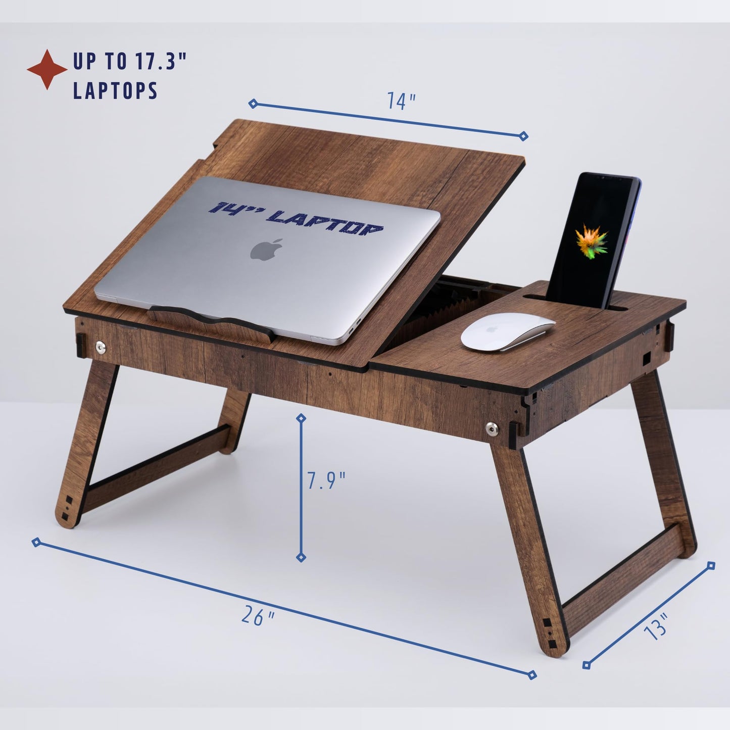 Vigo Wood Laptop Stand for Bed, Adjustable Laptop Lap Desk and Lap Tray with Built-in Storage, Foldable and Ergonomic Design for Reading, Writing, and