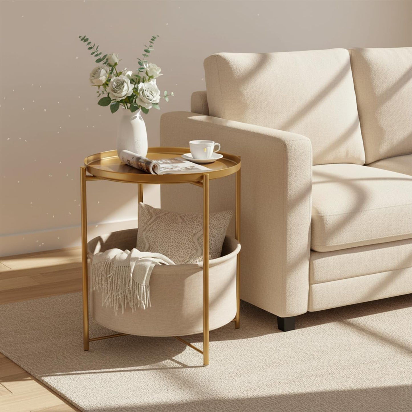 danpinera Round Side Table with Fabric Storage Basket, Metal Side Small Bedside Table Nightstand with Removable Tray Top for Living Room, Bedroom