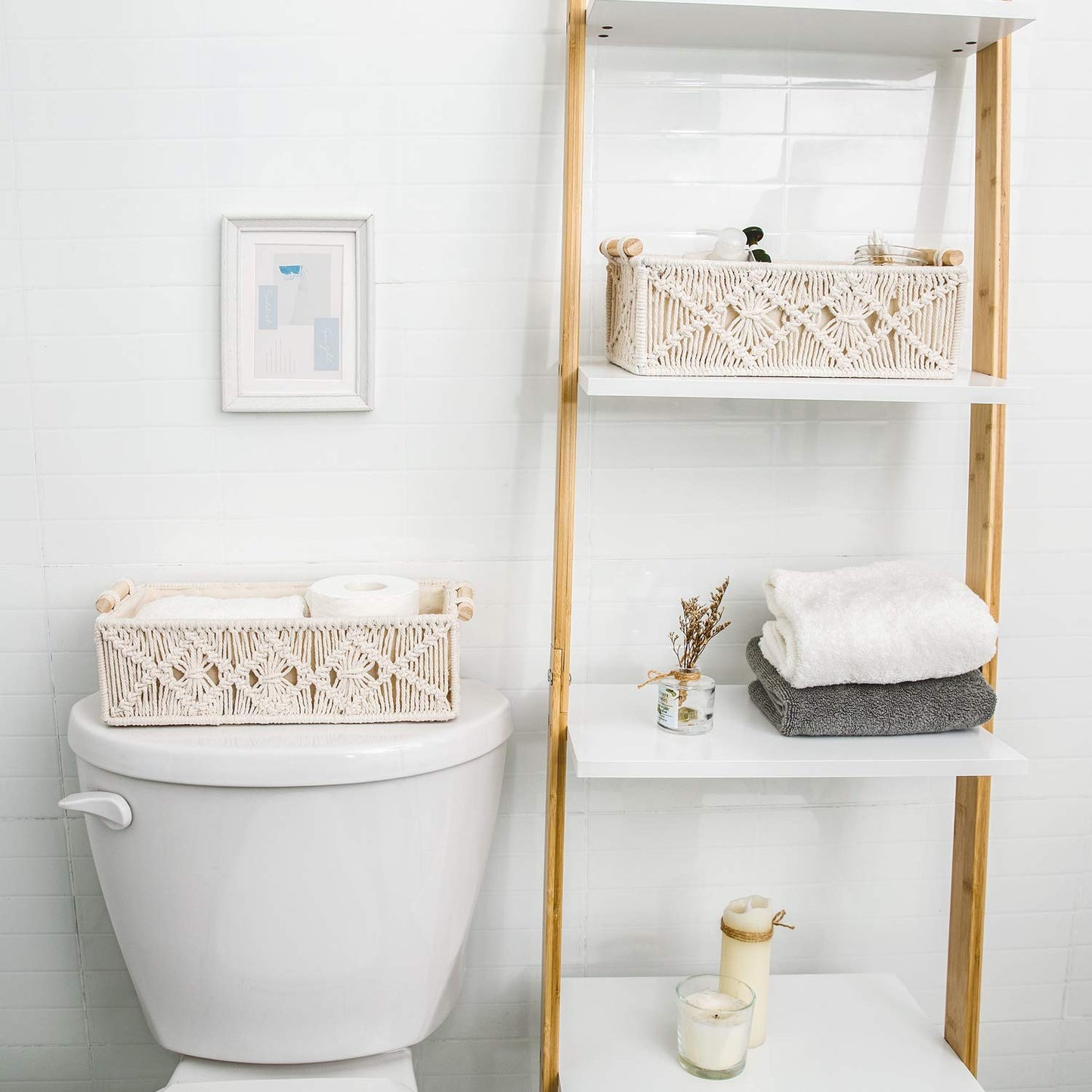 Mkono Macrame Storage Baskets Decor Box Handmade Woven Decorative Countertop Toilet Tank Shelf Cabinet Organizer Boho Decor for Bedroom Nursery