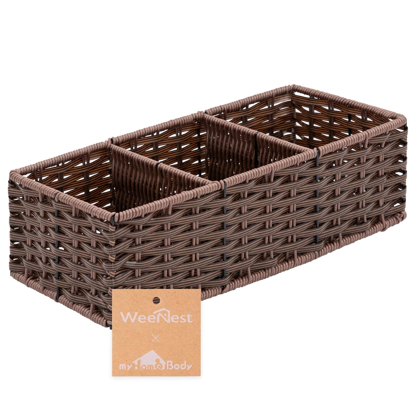 myHomeBody Wicker Basket With 3 Compartments, Bathroom Caddy, Dark Walnut
