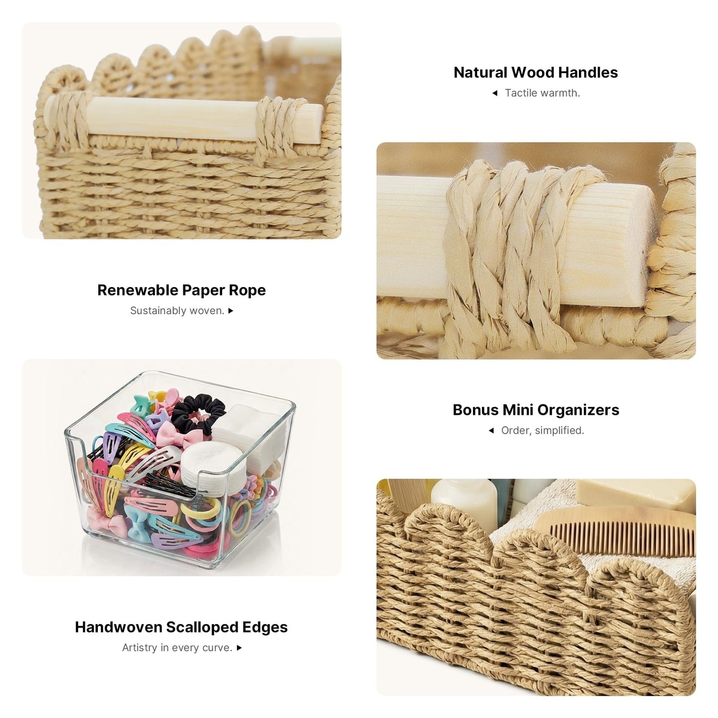 Storage Basket for Toilet Tank Top Scalloped Edge Woven Paper Rope Wicker Bin with Wooden Handles Cute Decorative Organizer Tray for Counter Shelf &