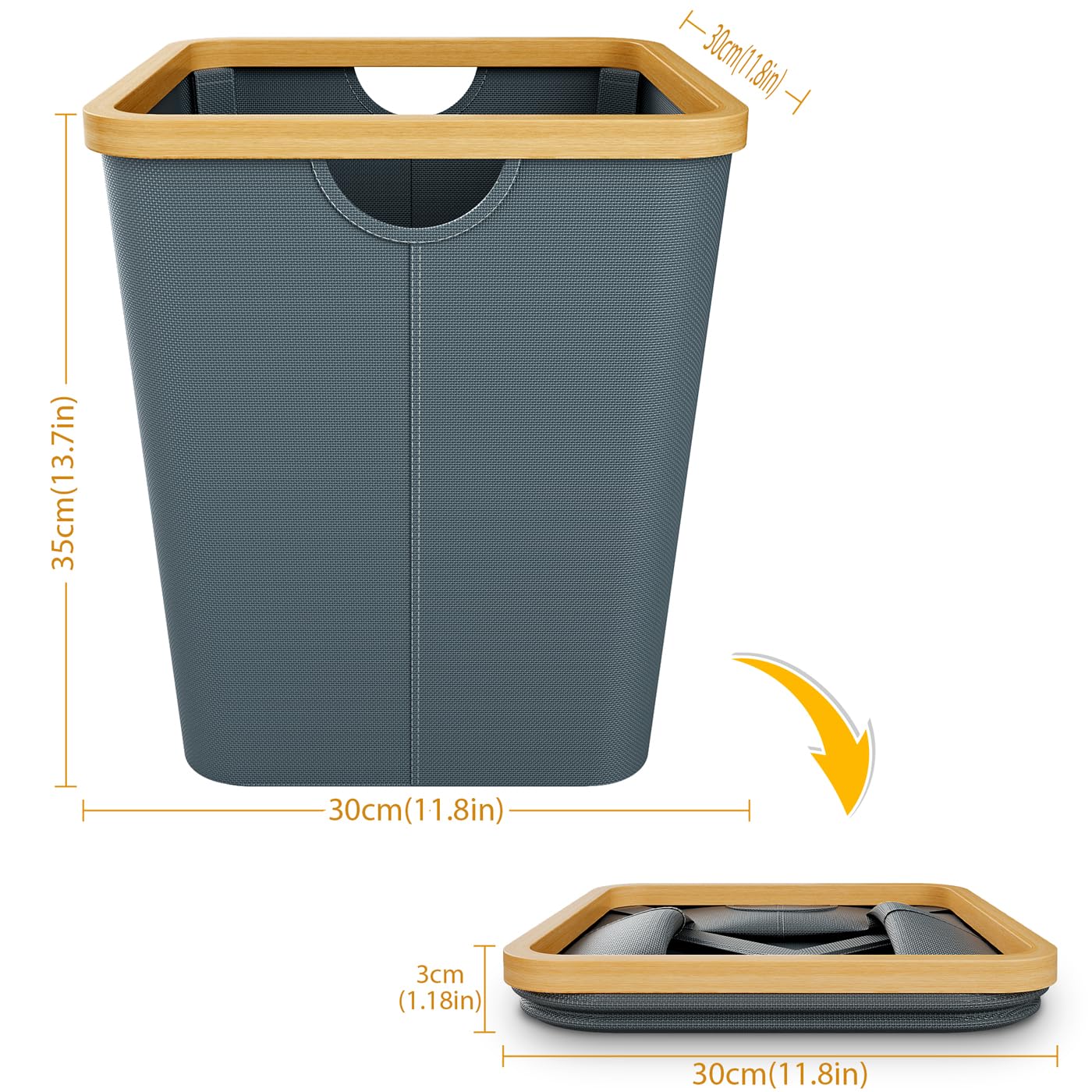 Vireon Waste Paper Bin with Bamboo Frame 30L Waste Basket with Oxford Fabric - Desk Bins for Office & Home Accessories (Grey, Square, 30, Litres)