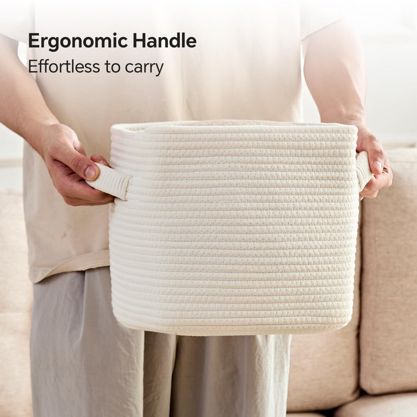 Mangata Set of 4 White Cotton Rope Cube Storage Baskets with Handles, 25x25x22cm, Woven Organisers for Shelves, Bathroom, Bedroom