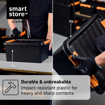 SmartStore extra-durable plastic storage boxes with lids | 49 L | 4-pack | Stackable bins with clip locks for tools, garage, or moving | BPA-free