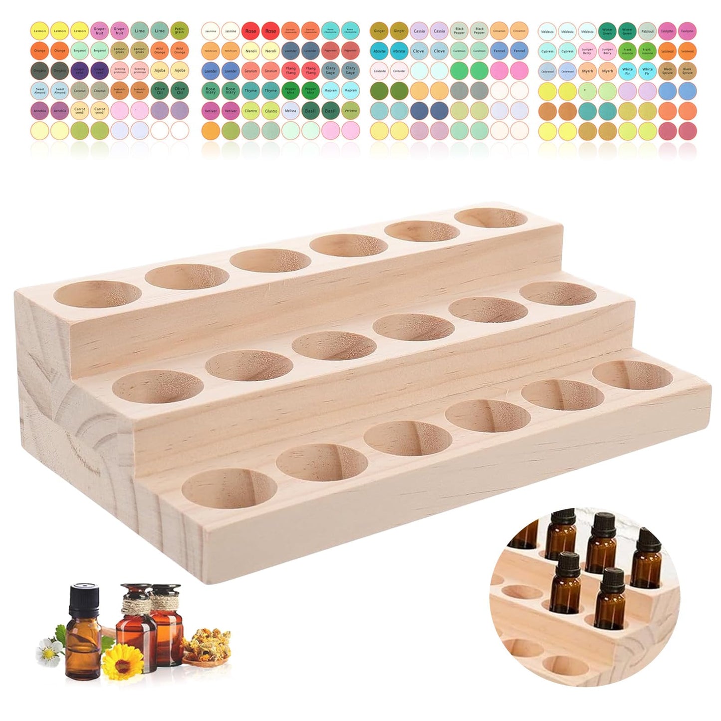Honicemar 3-Tier Wooden Essential Oil Holder Aromatherapy Organizer Essential Oil Bottles Display Rack & Storage Stand Holder, 18 - Hole