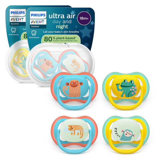 Philips Avent Ultra Air Day & Night Soothers - Orthodontic Design, for Babies 18 Months+, Glow-in-The-Dark Version, Extra-Firm Symmetrical Teat,