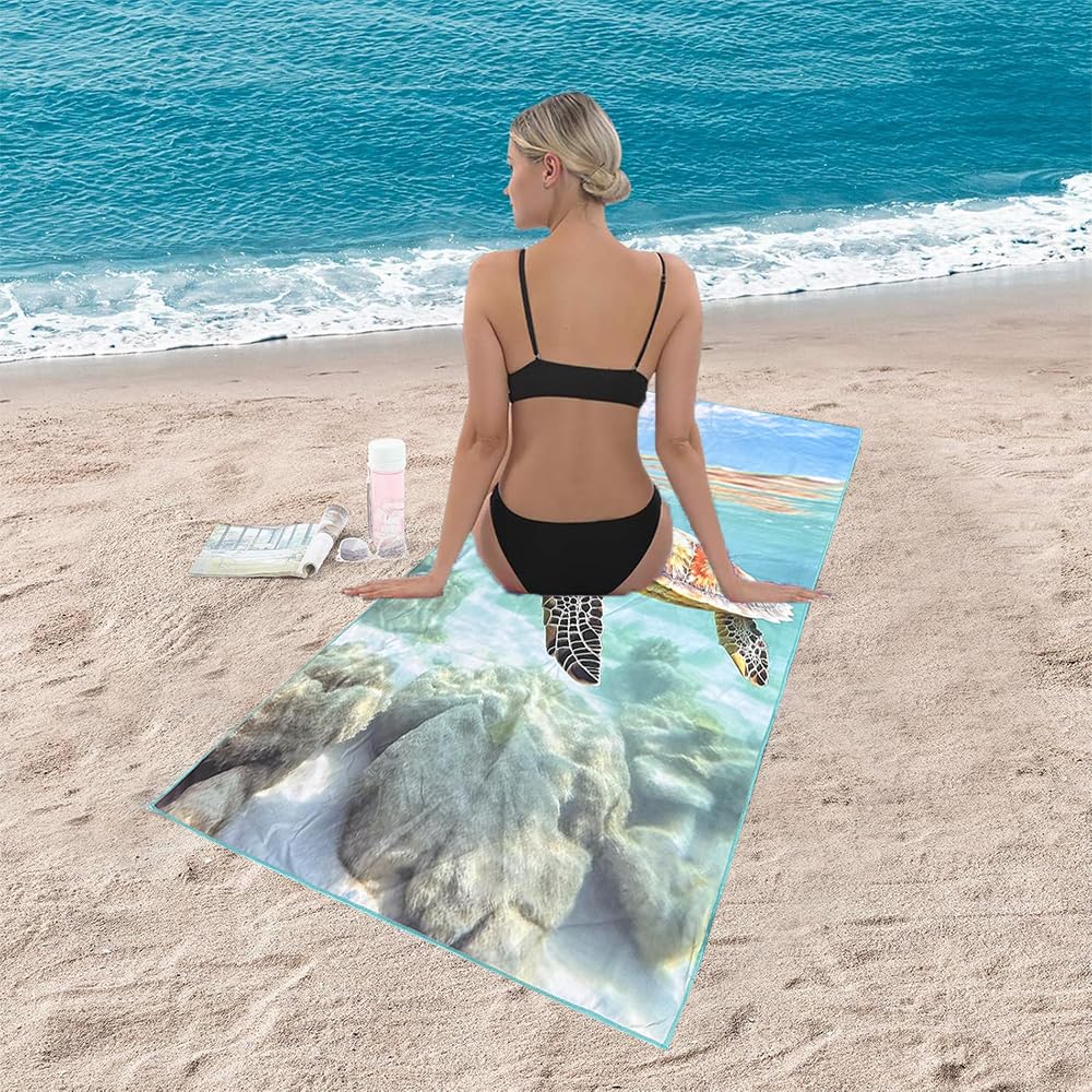 JAODFK Microfibre Beach Towel 71"X32" Quick Dry Lightweight Sand Free Extra Large Thin Sea Turtle Towels Travel Essentials For Adults Womens Swim