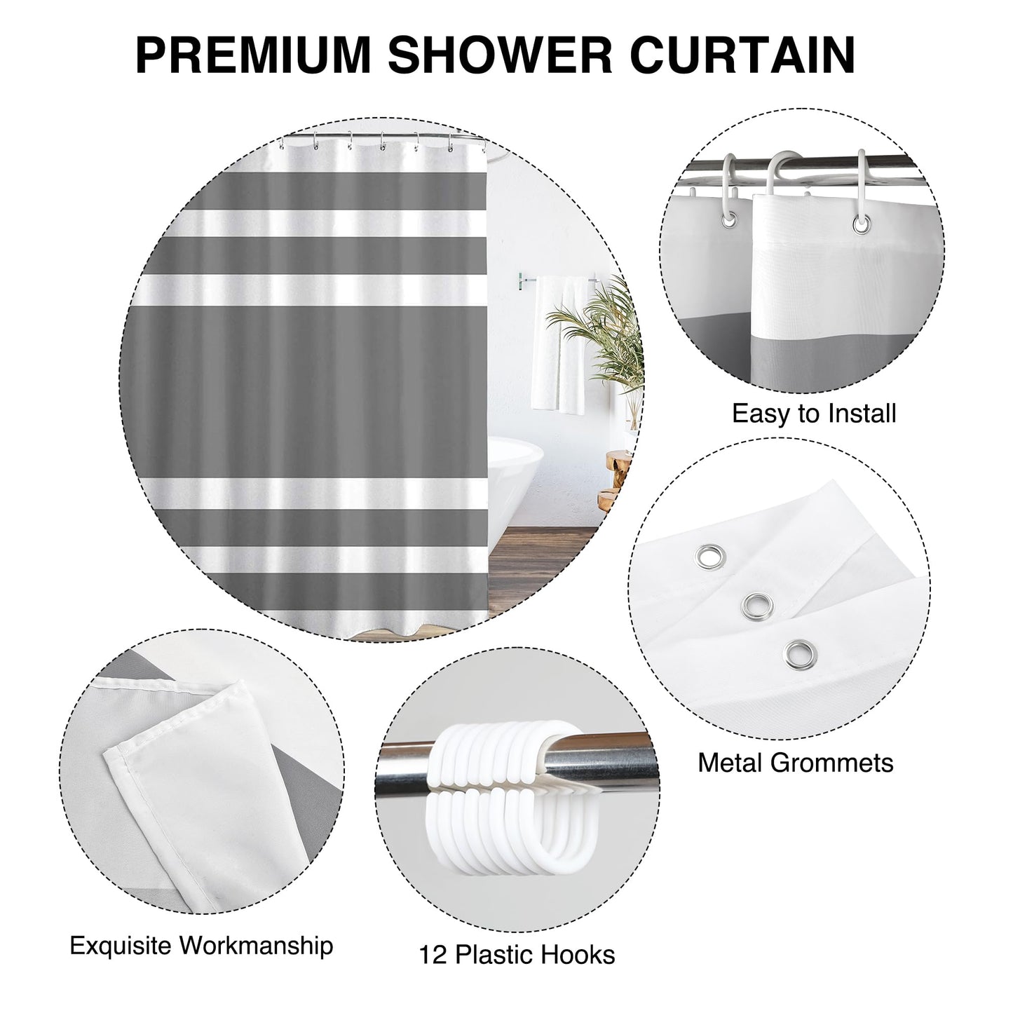 WELTRXE Shower Curtains Mould Proof Resistant, Waterproof Quick Dry Polyester Fabric Bath Curtain with 12 Hooks, Weighted Hem, 183x183 cm