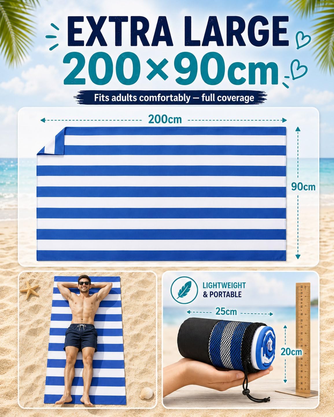 Evolpor Magnetic Beach Towel Extra Large 200 × 90 cm, Wearable Microfibre Towel for Adults with Hidden Magnets