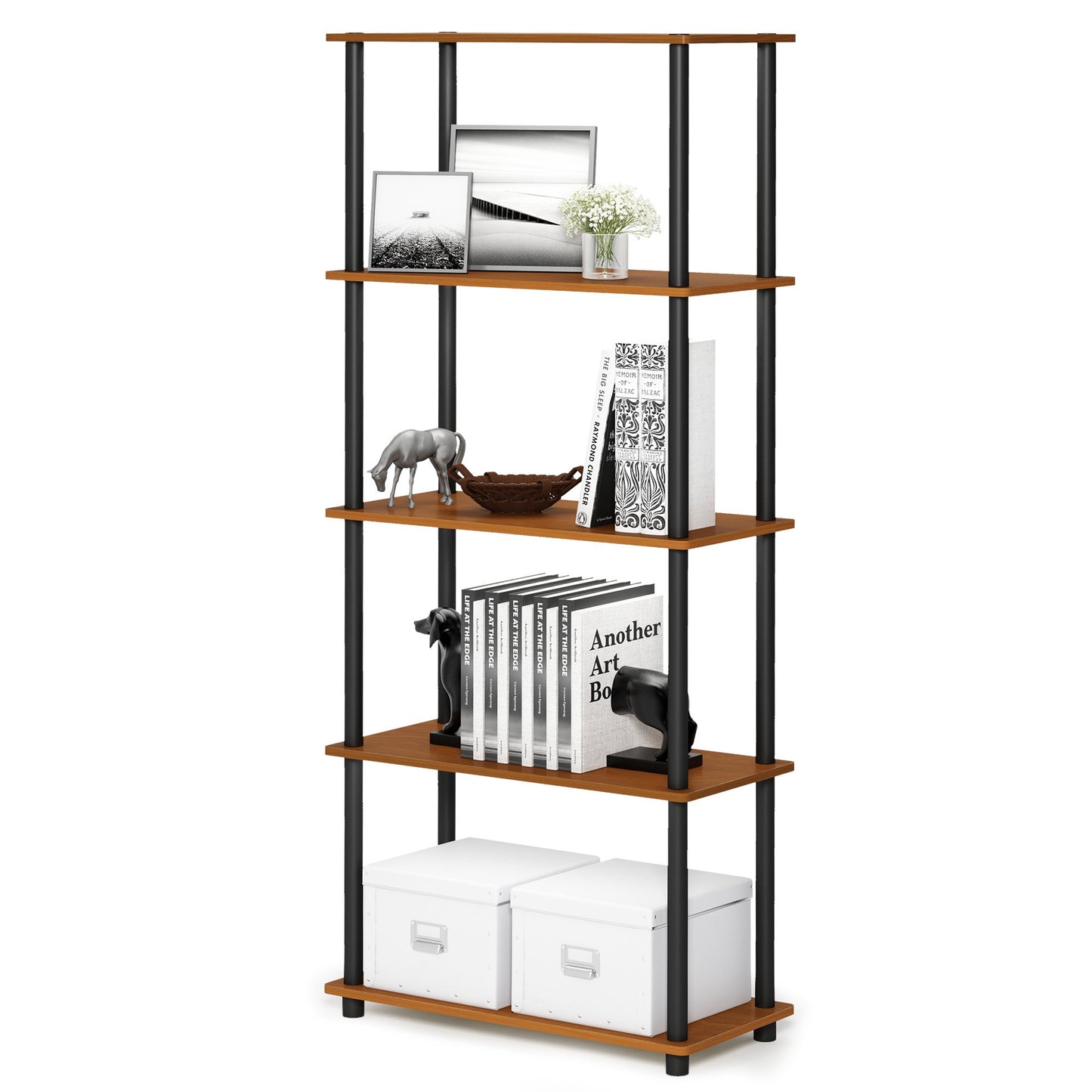 Furinno TURN-N-TUBE Toolless Assembly 5-Tier Storage Shelves, Oak Book Shelf, Open Storage Bookshelf, for Organization and Storage, Living Room