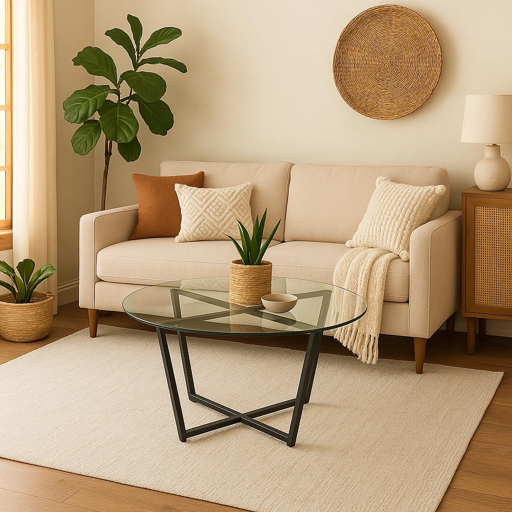 Mango Steam Round Metro Glass Coffee Table/Side Table/for Living Room & Dining Room - Clear Top/Black Base