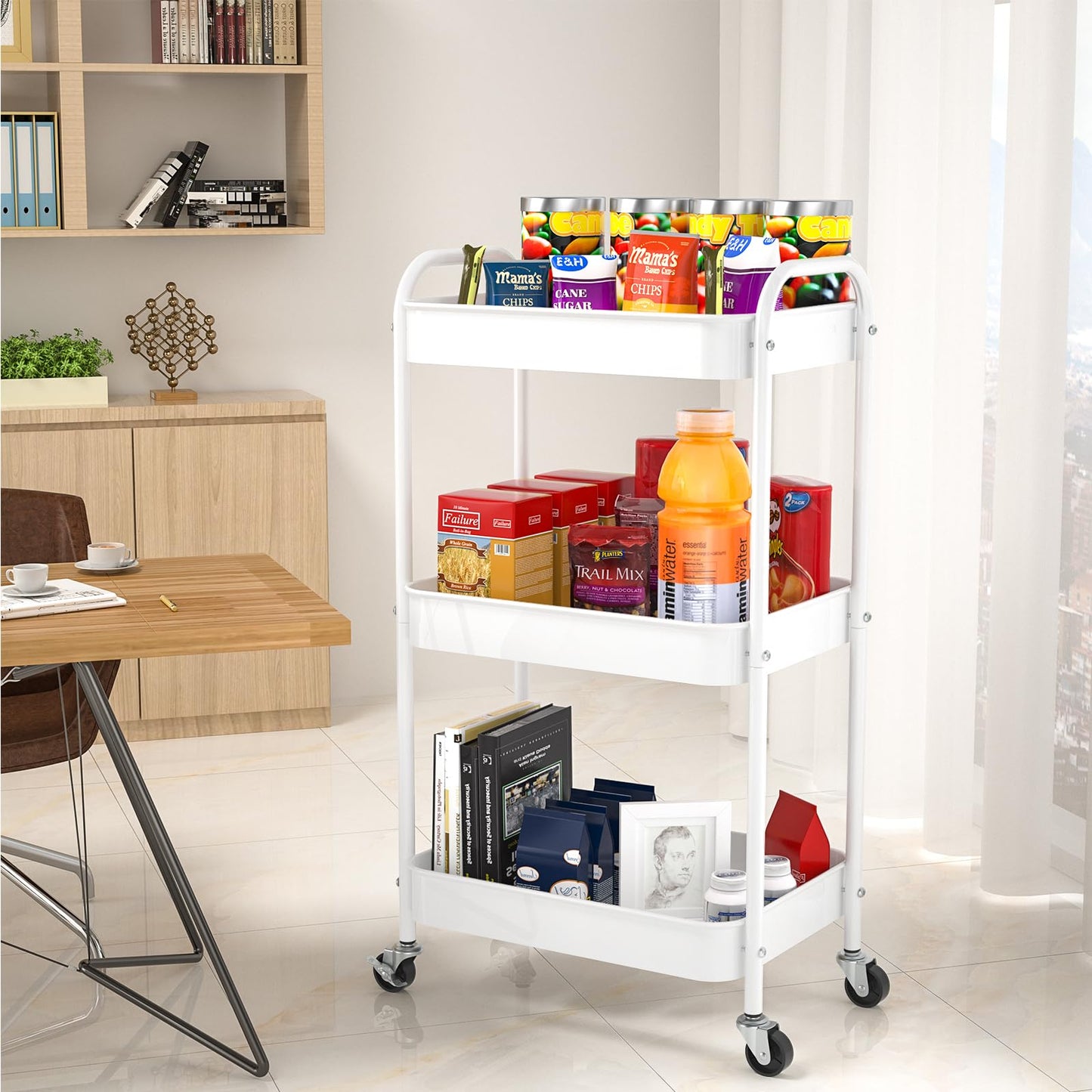 PNVXNUS 3-Tier Rolling Cart, Metal Utility Storage Carts with Wheels,White