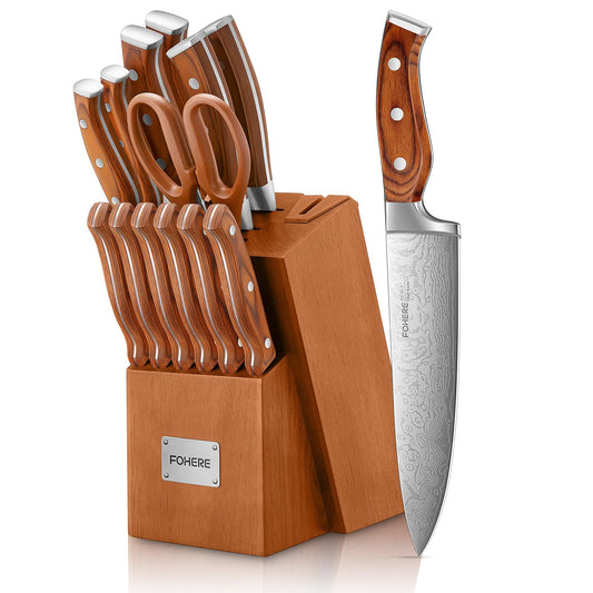 FOHERE Knife Set 14 Pieces Kitchen Knife Set with Wooden Block High Carbon Stainless Steel Self-Sharpening Knife Block Set with Built-in Sharpener,