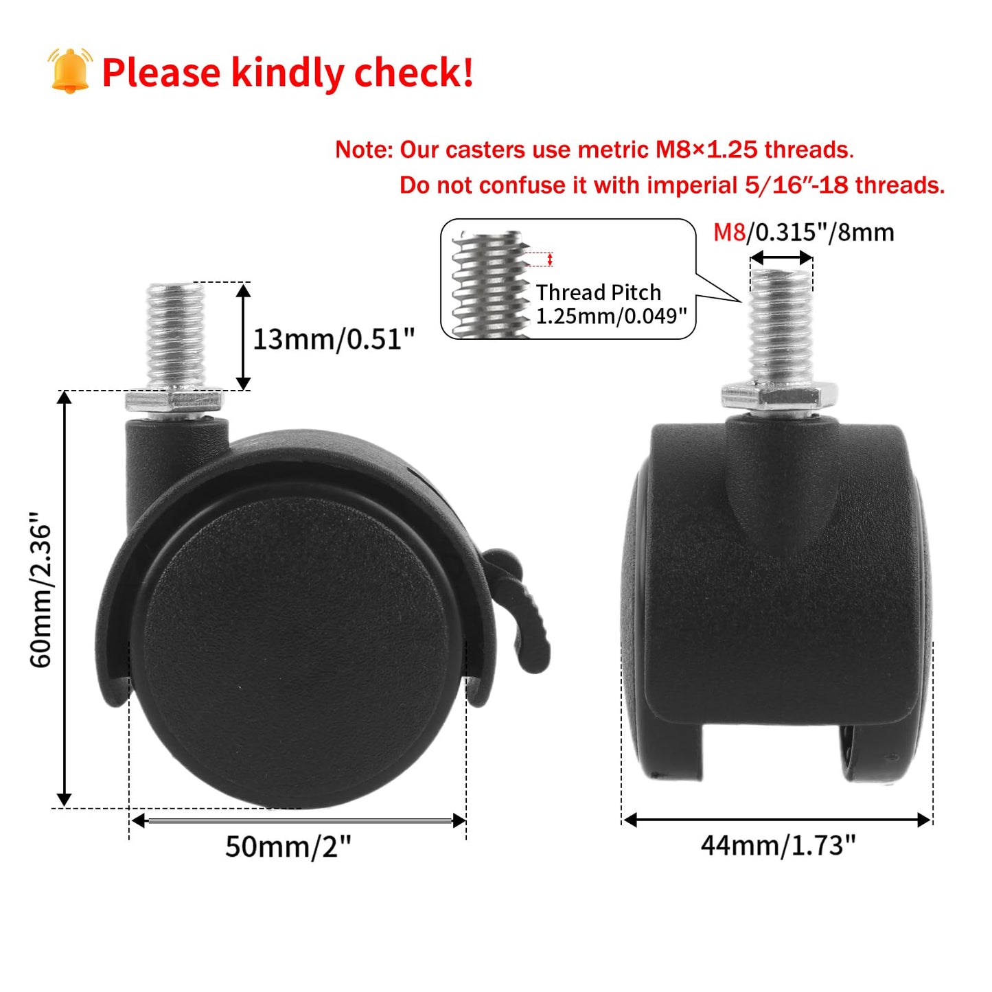 GOZOLA 4 Pack 50mm/2 Inch Nylon Plastic Replacement Caster Swivel Furniture Wheels Floor Protecting Office Chair Swivel Caster Threaded Stem 5/16"
