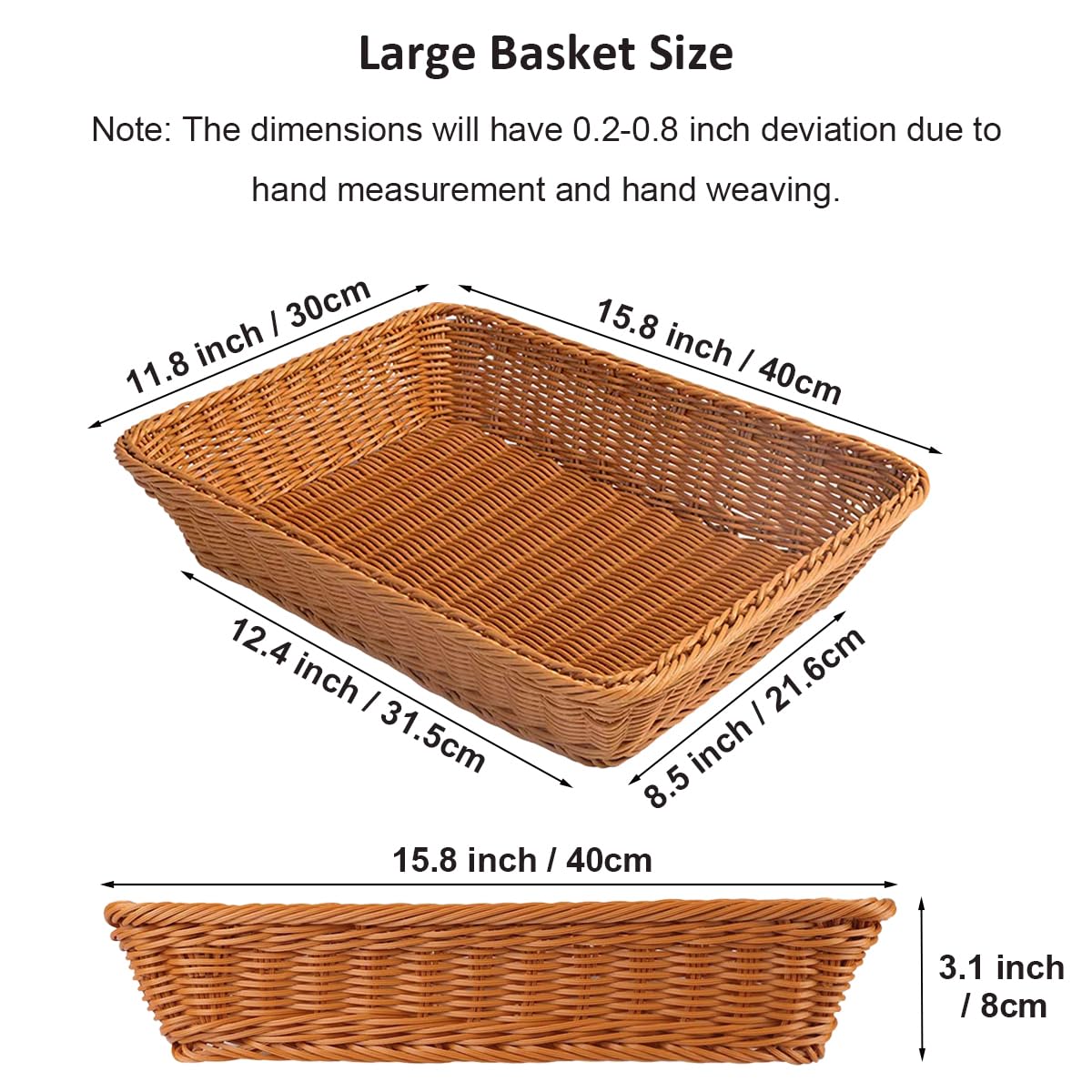 RT&BS 2Pcs Large Wicker Bread Basket Rectangular, Wicker Fruit Basket, Display Baskets for Vegetable, Imitation Rattan Tray