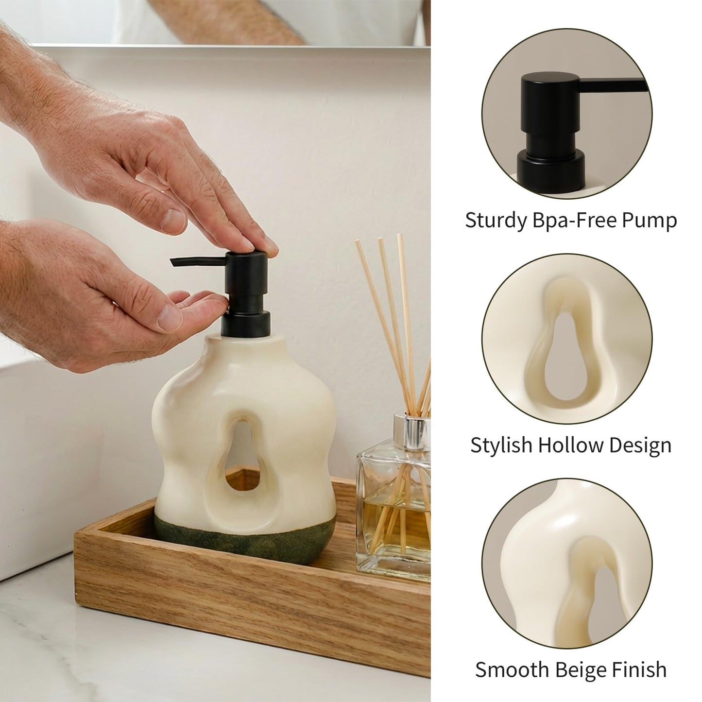 BosilunLife Bathroom Accessories Set of 4 - Beige&Green Bathroom Countetop Soap Set Lotion Soap Dispenser Sets Toothbrush Holder and Soap Dish