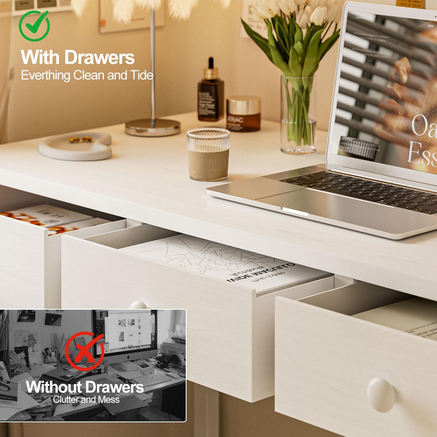 Grandder Small Computer Desk with 3 Fabric Drawers, 100 x 40 cm Home Office Desk with Storage Bags and Drawers
