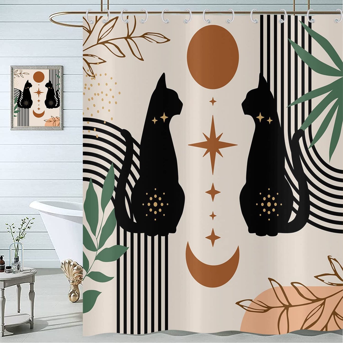 Boho Shower Curtain 180x180, Hnmdmyi Mid Century Abstract Black Cat Leaf Moon Star Beige Bathroom Curtains Modern Terracotta Aesthetic Art Waterproof