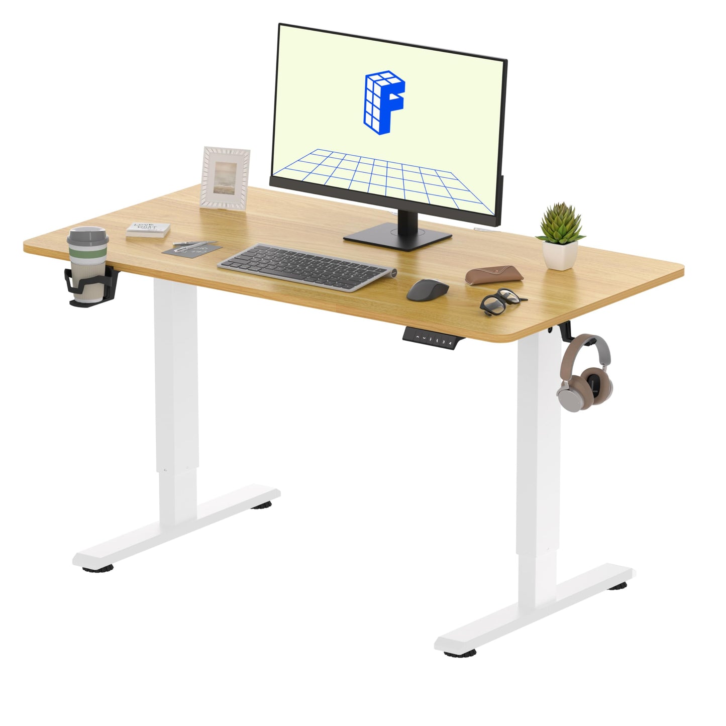 FLEXISPOT ONE PIECE Electric Standing Desk, Height Adjustable Ergonomic Stand up with Backpack Hook, Cup Holder and 4 Memory Preset, 110x54cm Maple