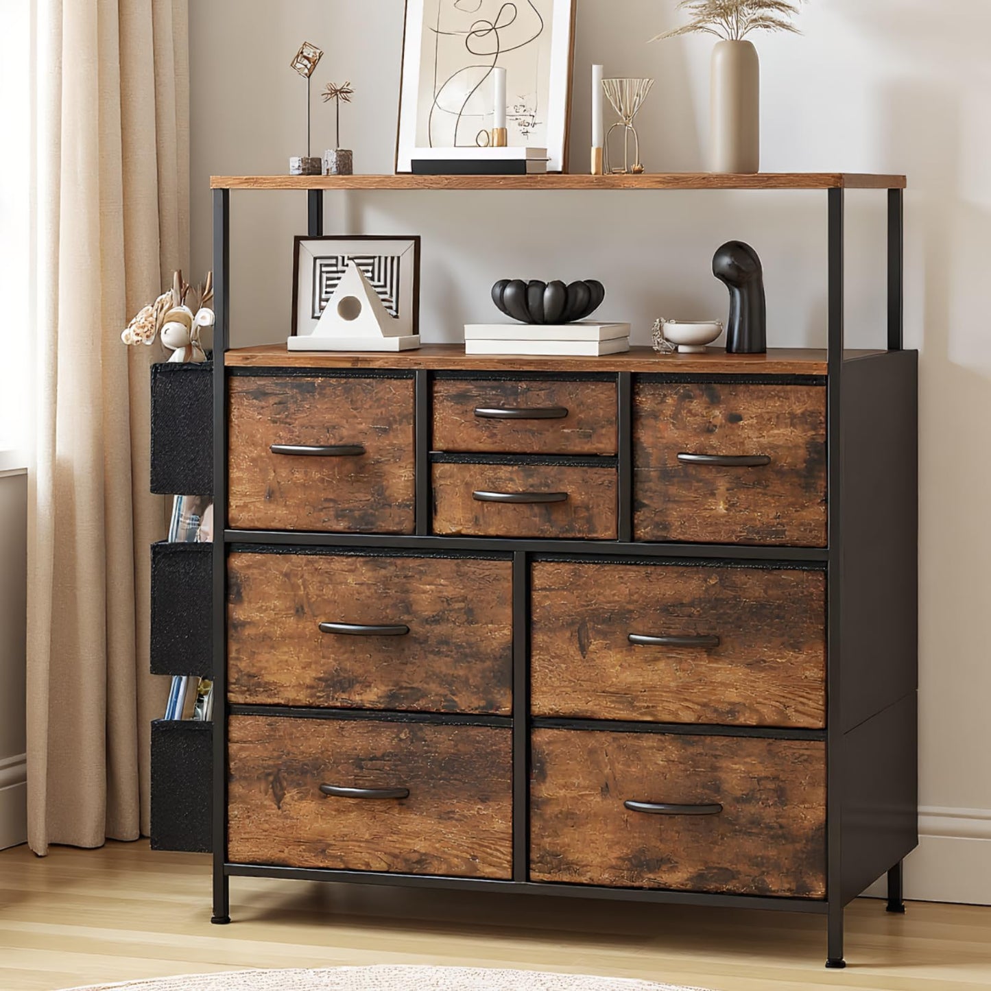 Feonase Chest of Drawers, Bedroom Dresser with 8 Fabric Drawers, Open Storage Shelf, Side Pockets, Wood Top & Metal Frame