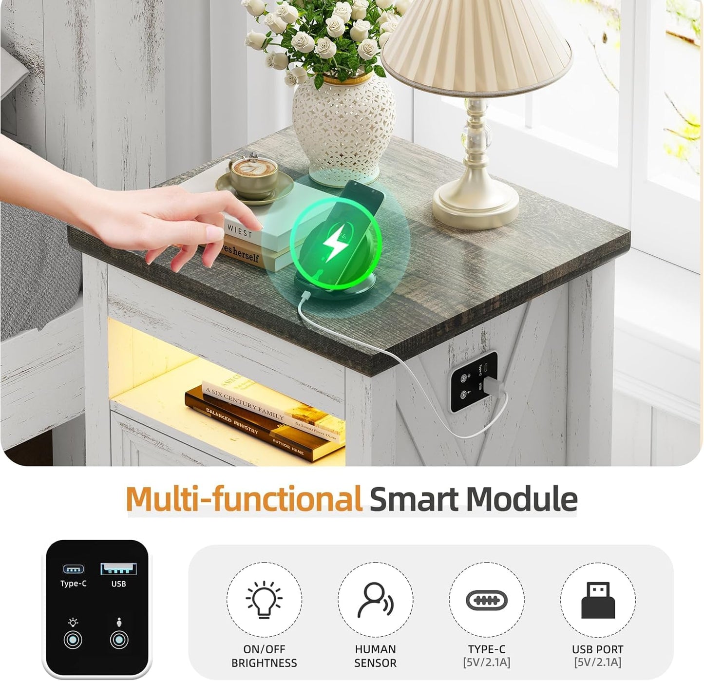 Lvifur Bedside Table - with Hidden Drawer,LED Nightstand with Charging Sation,Smart Night Stand with 3 Color Lights,End Table with Glass Desktop,3