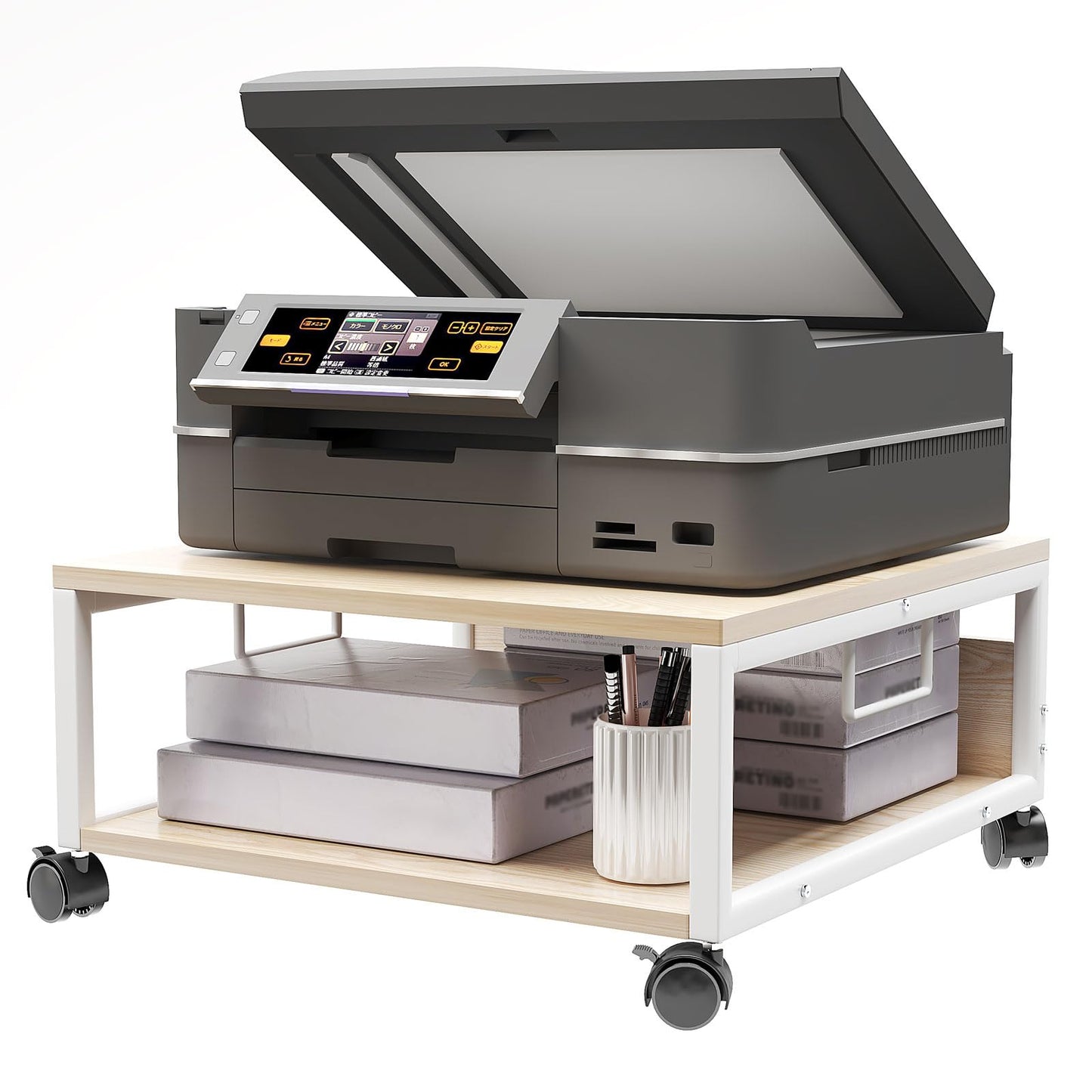 IBUYKE 2 Tier Desktop Printer Stand Cart,Printer Table with Wheels,Desk Heavy Duty Rolling Table with Storage Folders,for Books, Fax Machine