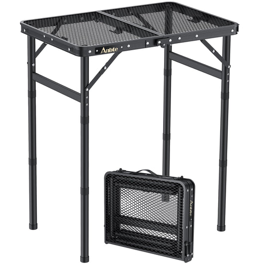 Anbte Folding Grill Table, 3 Adjustable Heights Aluminum Camping Table with Heat-Resistant Mesh Desktop, Lightweight outdoor Table, Portable Handle