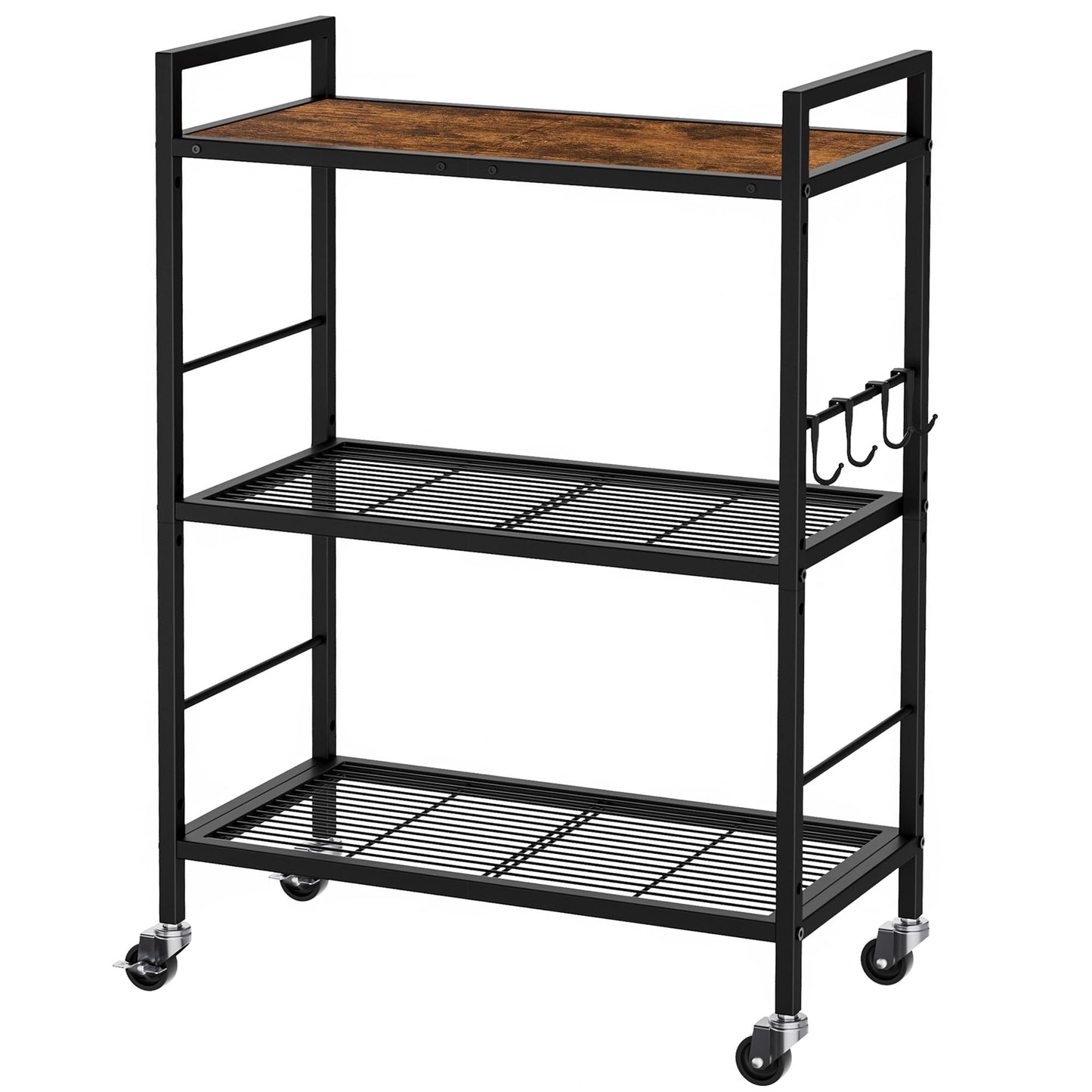 3-Tier kitchen trolley,Brown Wood Top,60W×30Dcm,4 Hooks, Adjustable Shelves