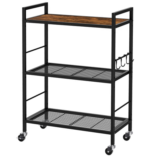 3-Tier kitchen trolley,Brown Wood Top,60W×30Dcm,4 Hooks, Adjustable Shelves