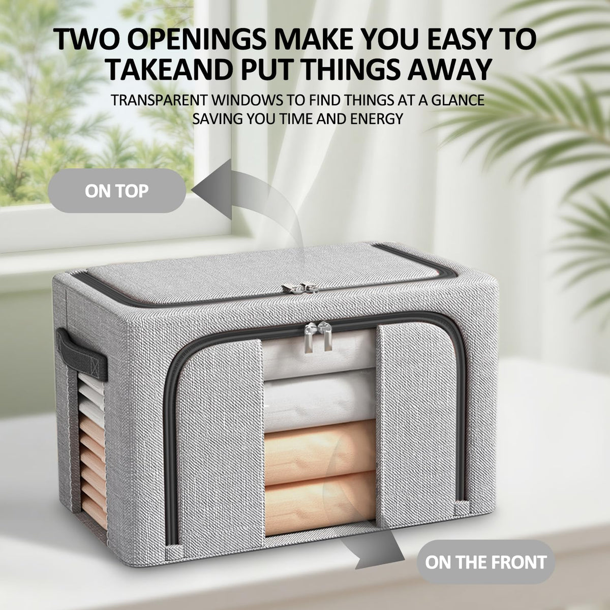 BOUDOI Foldable Storage Box, 3 Pack Clothes Storage Boxes With Double Opening Zip And Clear Window, Sided Zip Top Lid