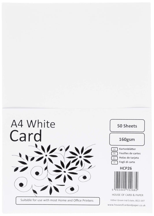 House of Card & Paper A4 160 gsm Card - White (Pack of 50 Sheets)