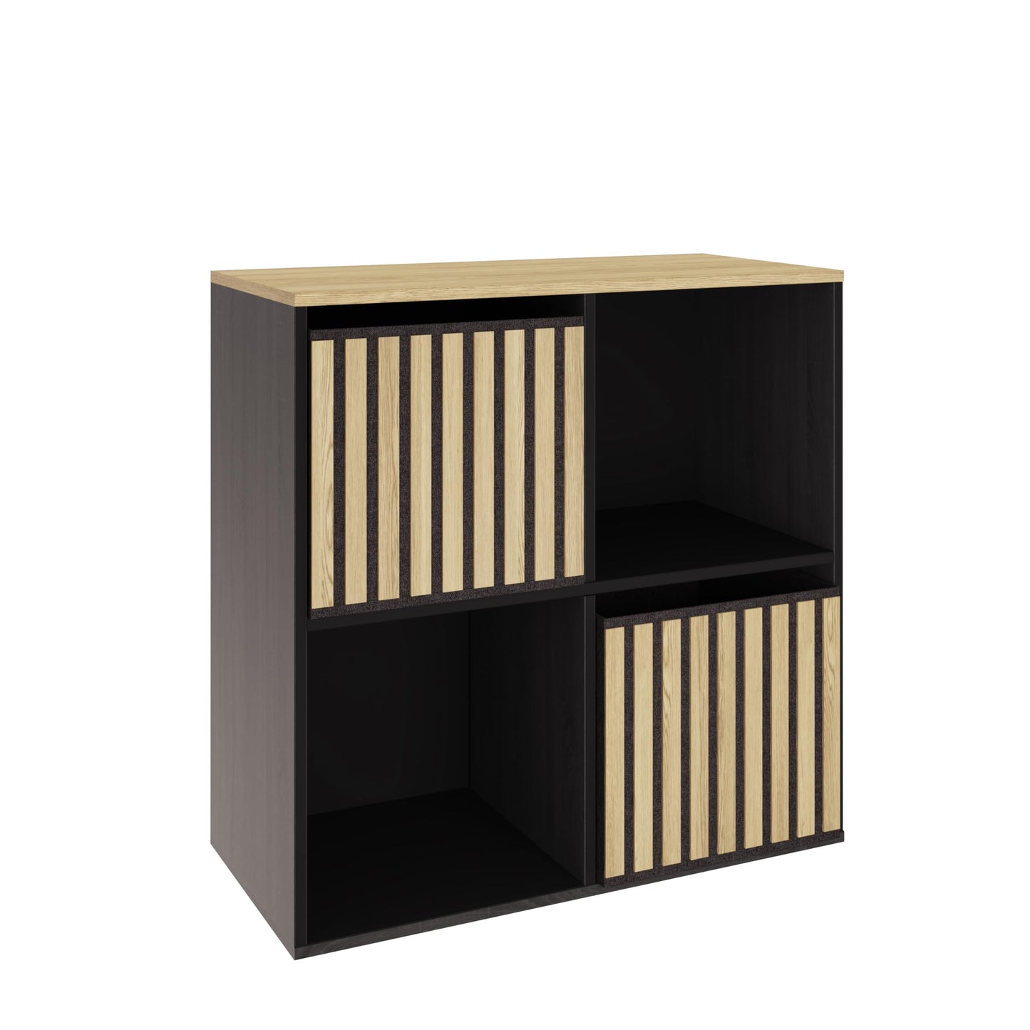 GFW Kube 2x2 Storage Unit Black & Medium Oak, Cube Bookcase with Open and Hidden Storage Compartments, Modern Shelving Unit