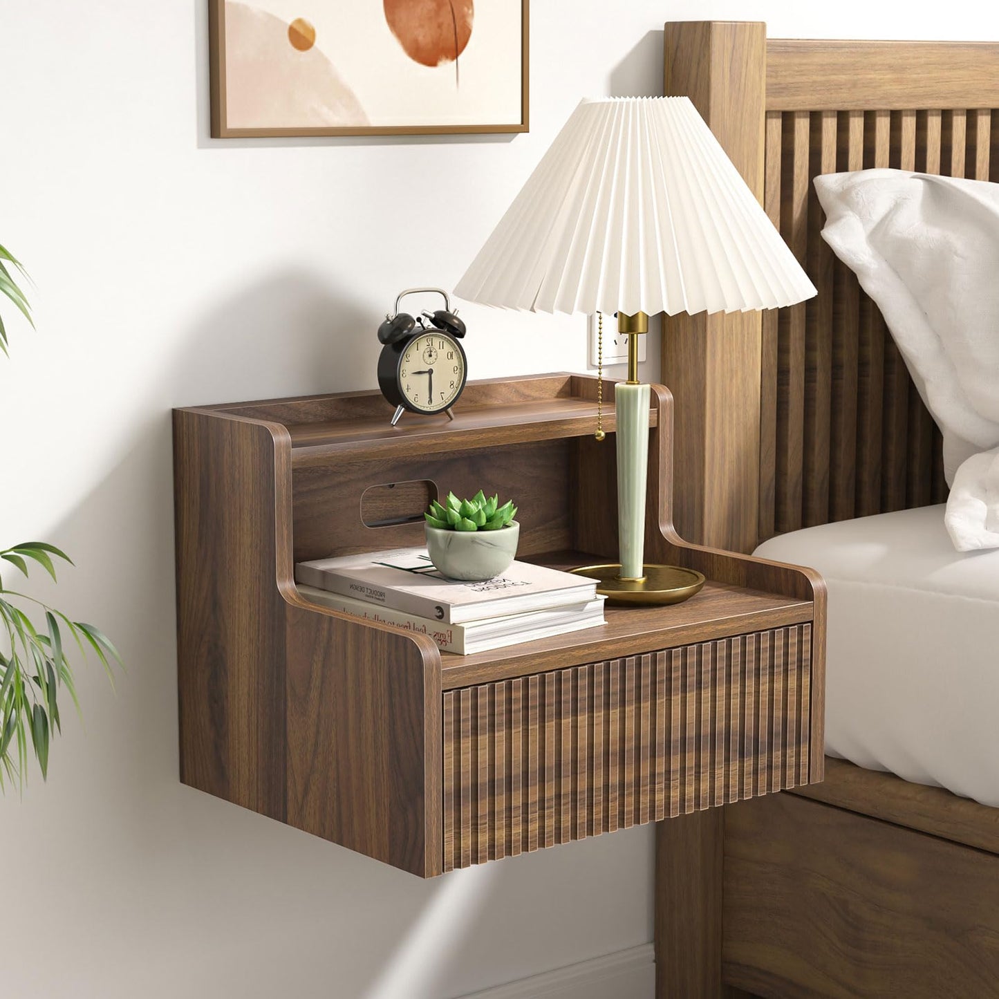 Skokliz Floating Bedside Table Set of 2, Wall Mounted Nightstand with Drawer and Open Shelf, Walnut Side Table Bedroom