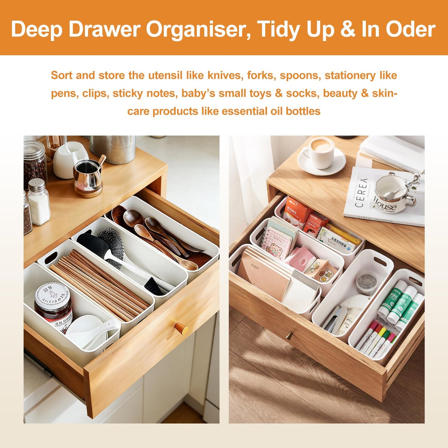 imatenn 8 pack Narrow Storage Box, Plastic Storage Baskets for Shelves, Slim Kitchen Cupboard Organiser Storage Boxes for Bathroom Cabinet, Drawers