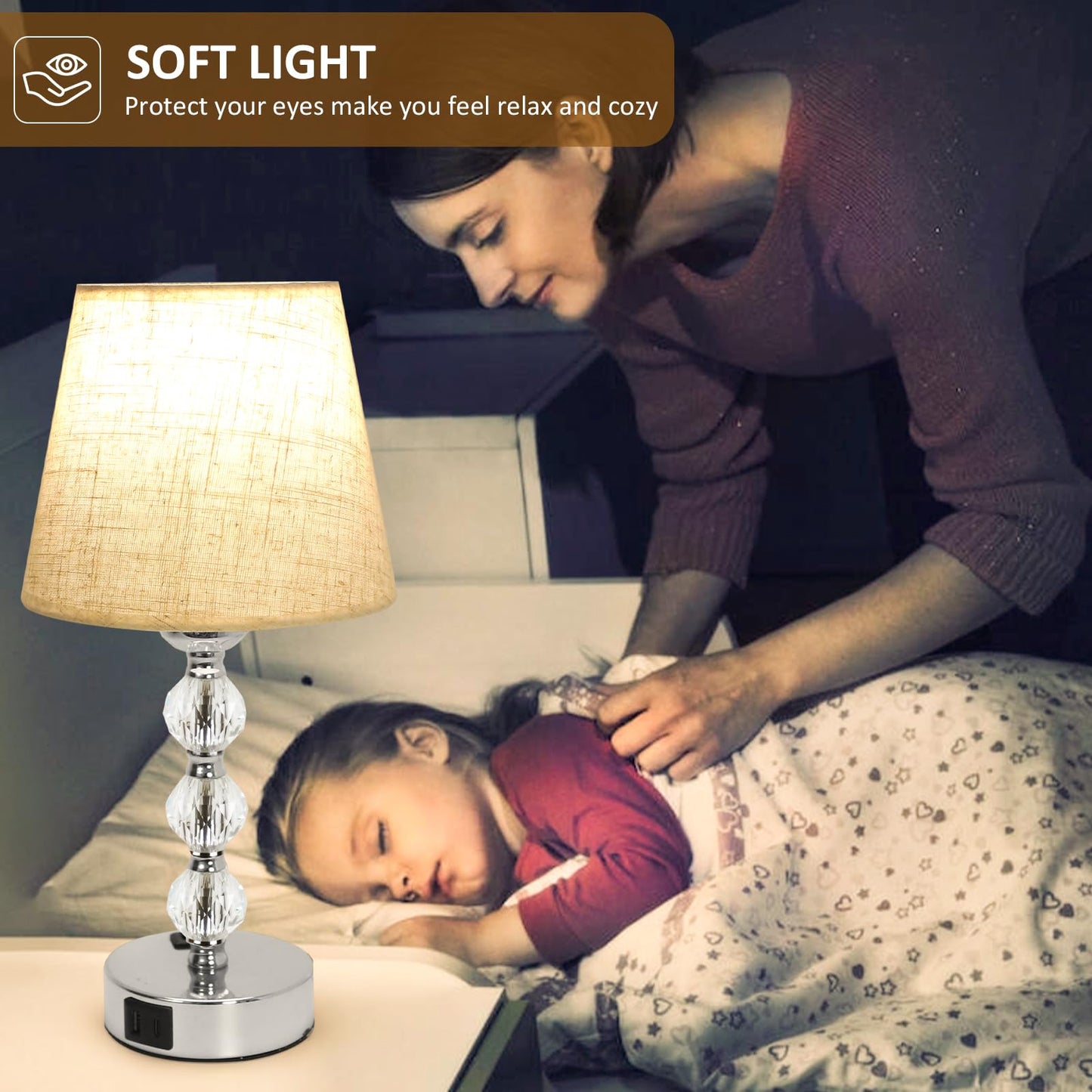 Euxper Touch Bedside Table Lamp, Crystal Table Lamps with USB C+A Charging Ports, 3 Way Dimmable, Set of 2 with White Fabric Shade for Bedroom (2 LED