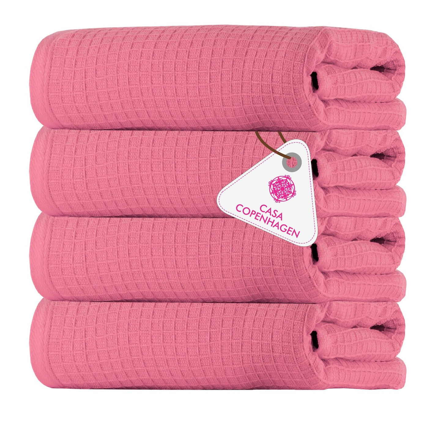 CASA COPENHAGEN Waffle 4-piece bath towel set – Pink, 70x140 cm, Egyptian cotton, designed in Denmark, for bathroom, kitchen & shower