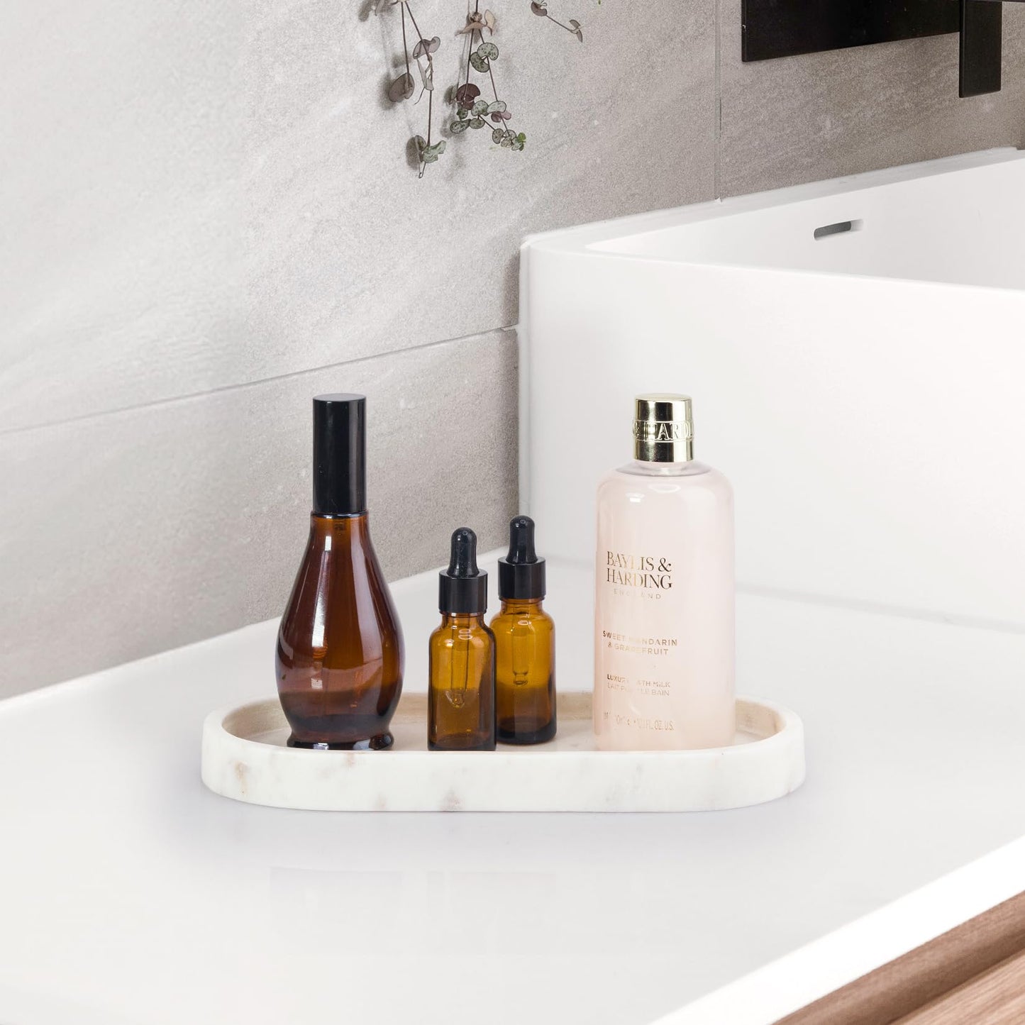 EHC Natural Marble Bathroom Vanity Tray - Oval, White, 25 x 11.5 x 2 cm - Countertop Sink Storage Tray Organiser for Cosmetic, Perfume, Home Decor