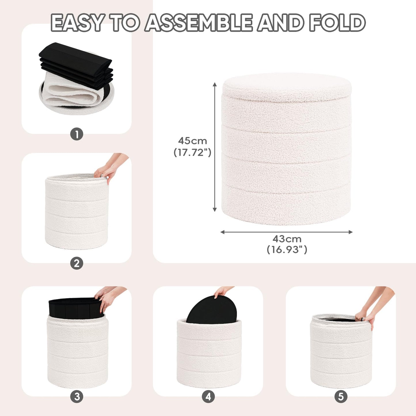 PINPLUS Round Ottoman Storage, Convertible Table, Cream White, 43x43x45 cm