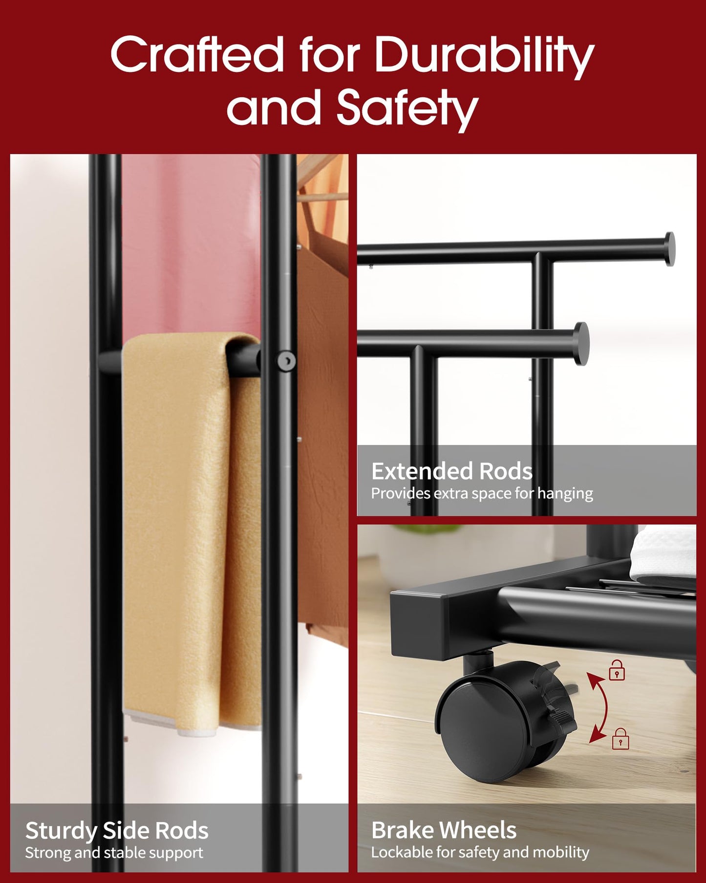 Sakugi Double Rod Clothing Rack with Shelf & Wheels, 98x42x150cm, Black