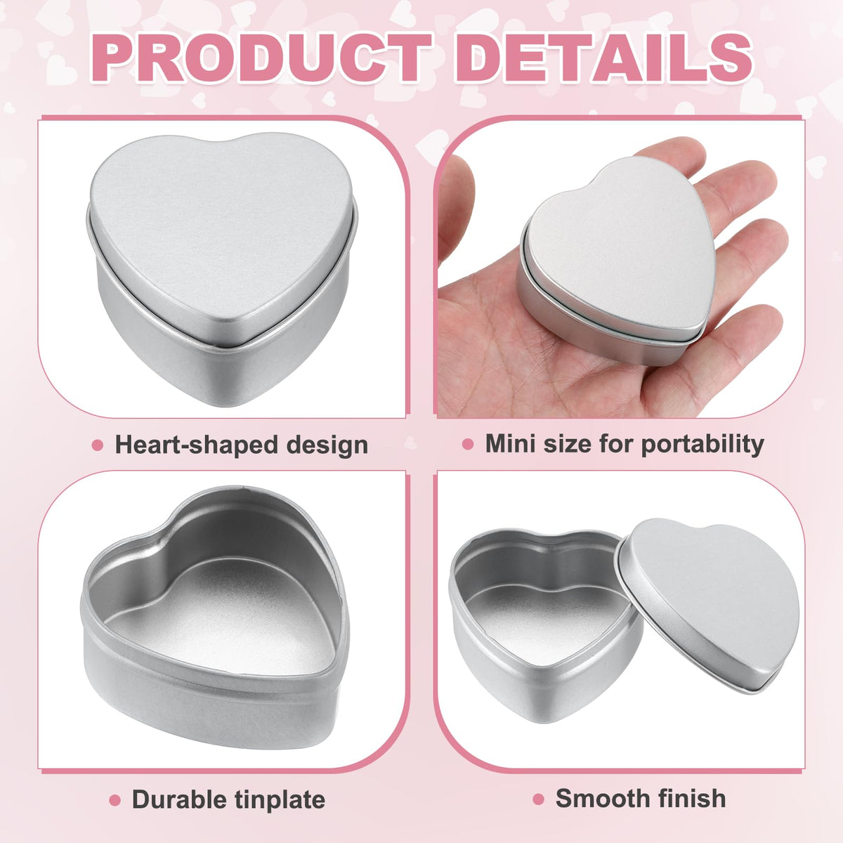 sourcing map 4Pack Metal Tin Box, 2.4x2.3x1.1 Heart Empty Tinplate Containers with Lids