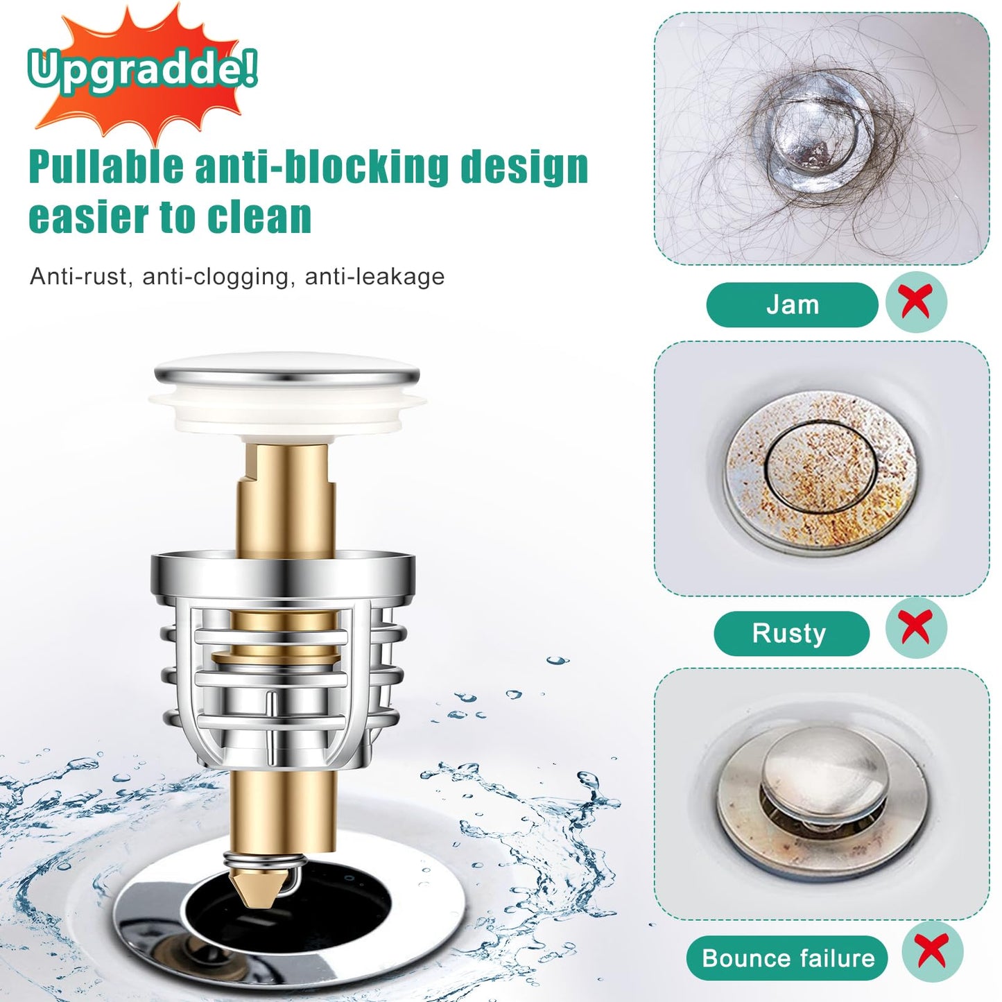 Diboniur Upgraded Sink Plug, Improved Bathroom Sink Plug Replacement, Universal Sink Stopper