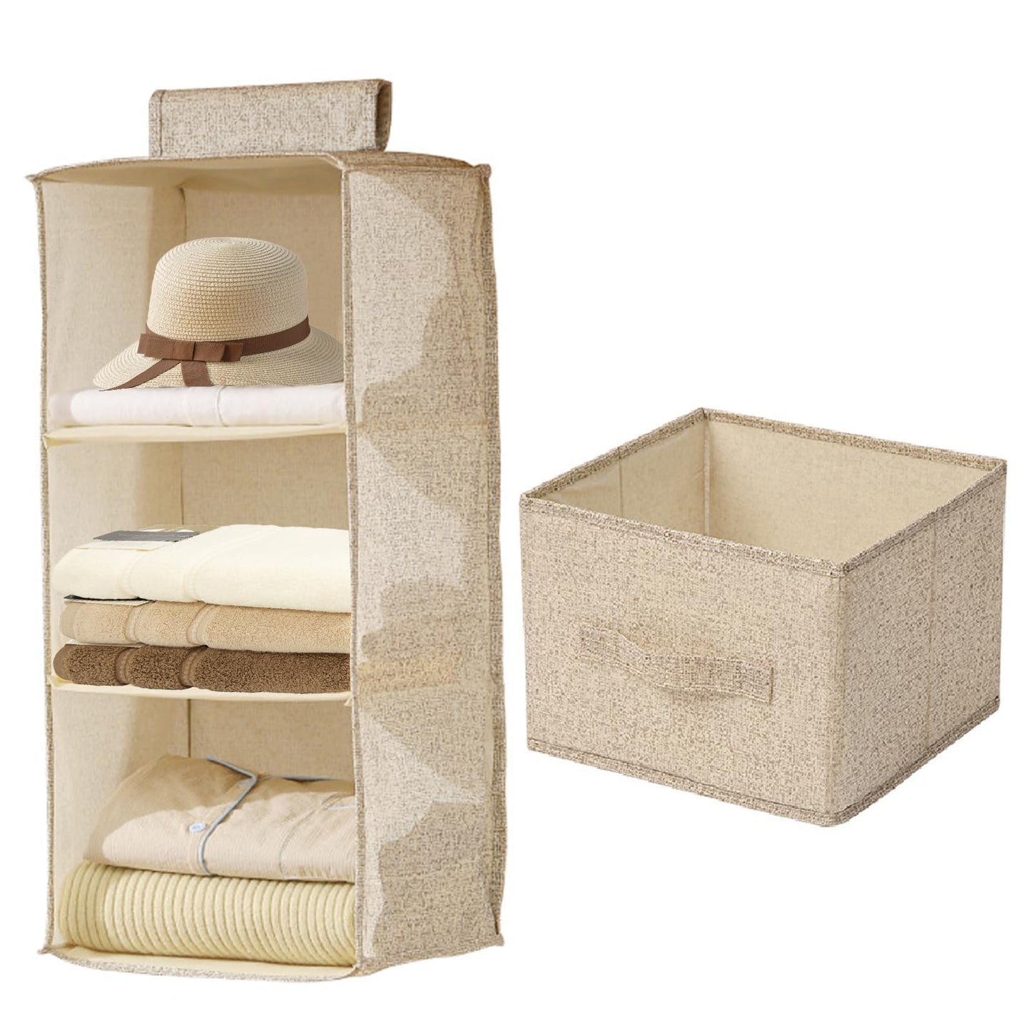 FALSKT Hanging Storage with 3 Shelves and Removable Drawer Fabric Hanging Shelves Foldable Hanging Wardrobe Organiser Wardrobe Storage Organiser for
