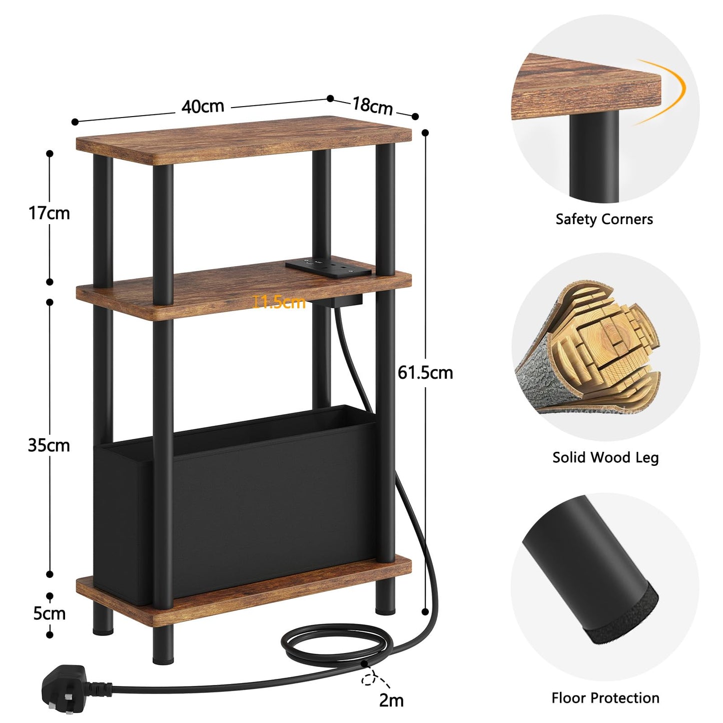 APICIZON Narrow Side Table, 3 Tier Bed Side Table, Slim End Table with Charging Station, for Living Room, Bedroom