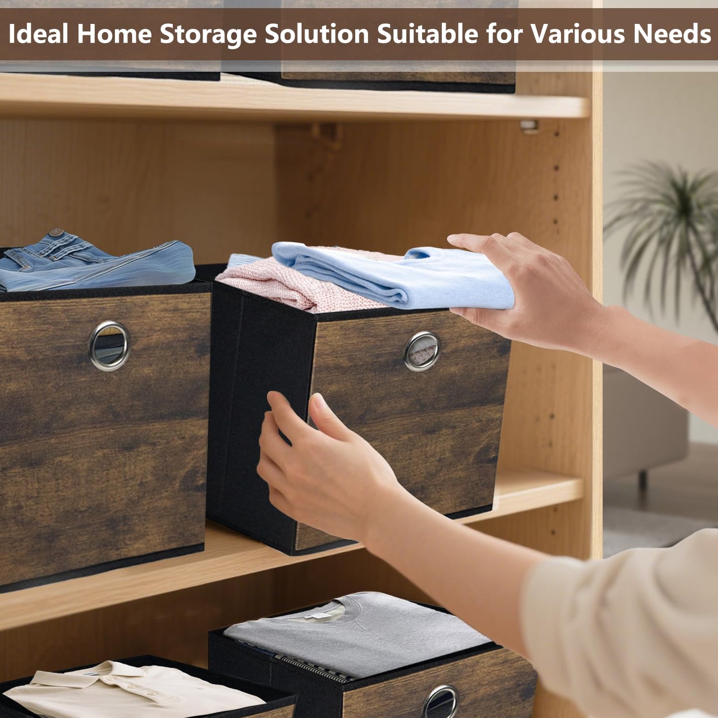 KANCNT Sturdy Cube Storage Boxes with Exquisite Wood Look,Stylish Thickened Fabric Storage Cube Bins for shelves,Foldable Storage Basket for