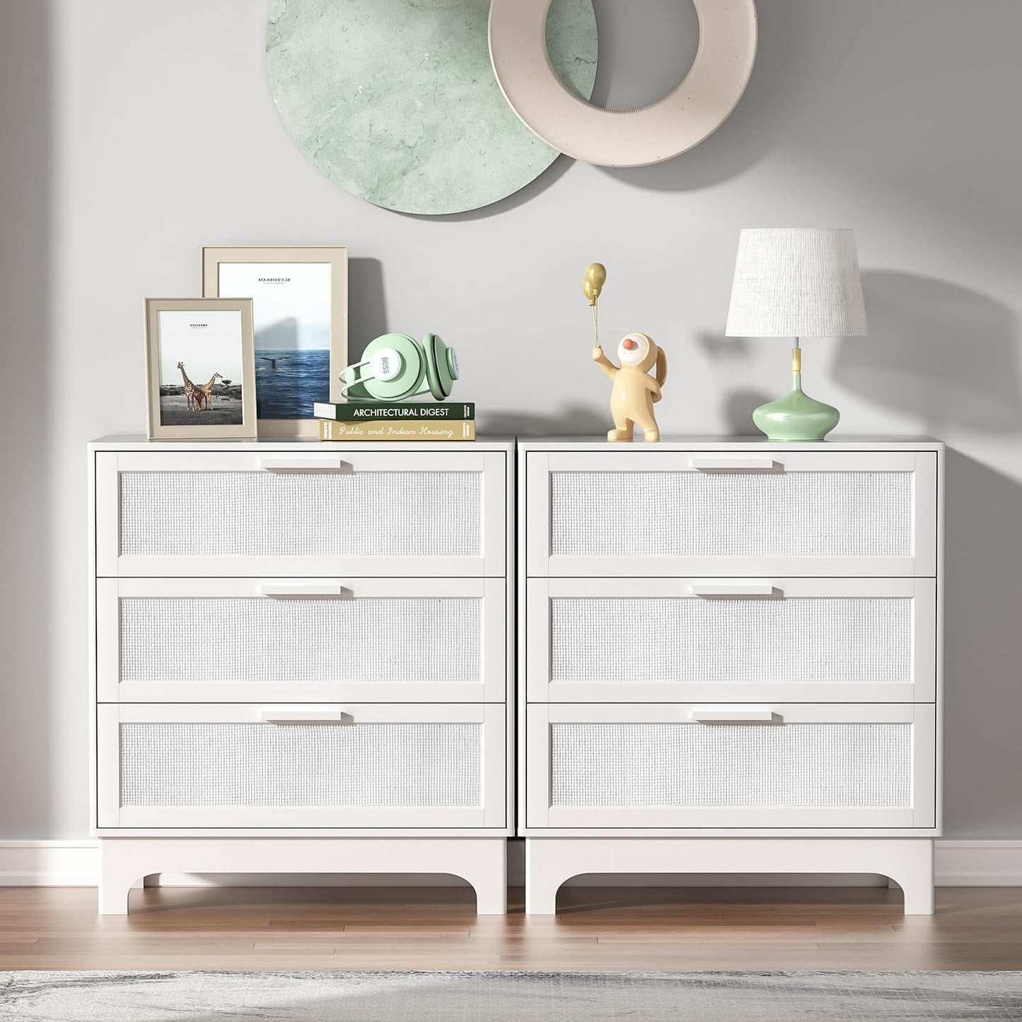 Skokliz White Chest of Drawers for Bedroom, Rattan 3 Drawer Storage Organiser Unit with Spacious Storage Cabinet, Nursery Furniture, Living Room