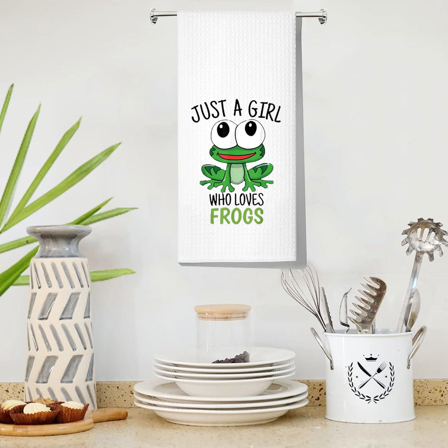 LEVLO Funny Frog Kitchen Towel Frog Lover Gift Just a Girl Who Loves Frogs Dish Towel Waffle Weave Frog Kitchen Decor (Frogs Towel)