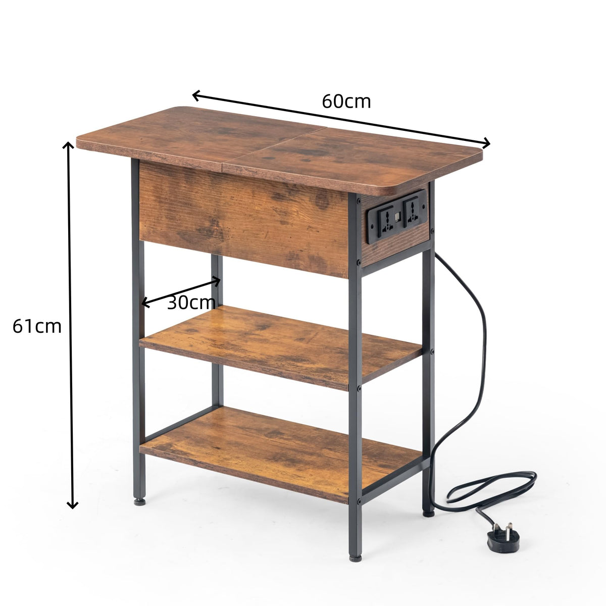 FurnitureR Industrial Slim Side Table Narrow Bedside Table Nightstand with USB and Power Outlets, 3-Tier Storage Shelves, Rustic Brown with Storage